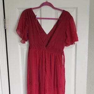 Feathers Red Smocked Sundress with Flutter Sleeves